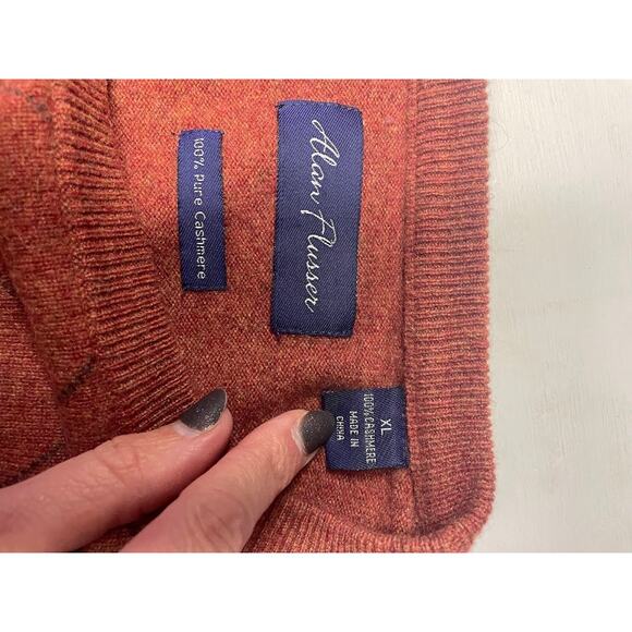 ALAN FLUSSER Pure 100% CASHMERE Mens Argyle Sweater Pumpkin Pullover Crewneck XL - Picture 7 of 9